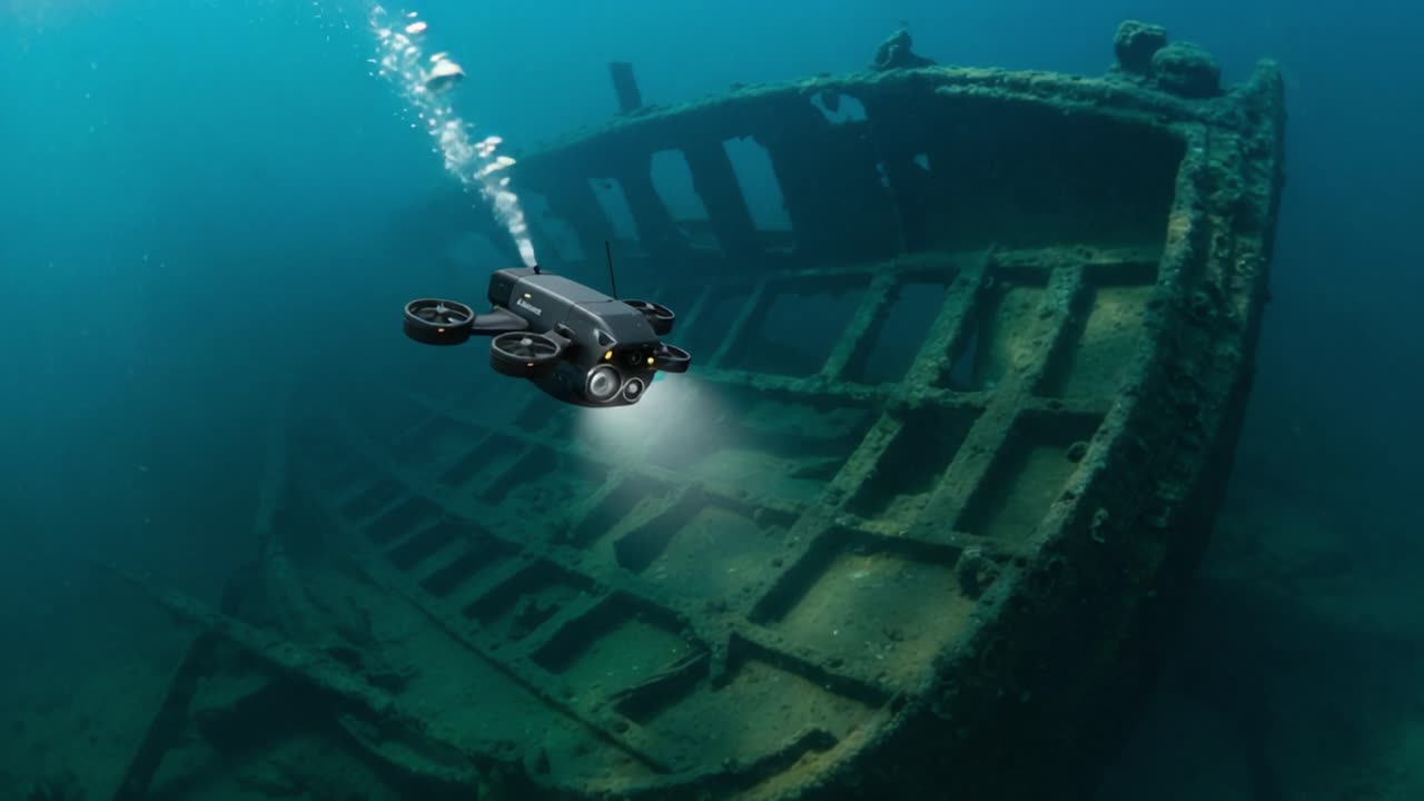 Exploring Underwater Environments: A Remote Operated Vehicle Captivates the Mysteries of a Sunken Shipwreck Beneath the Ocean Surface