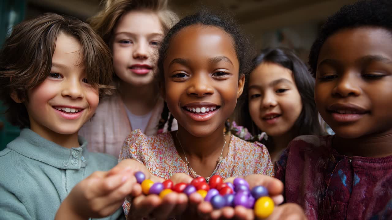 A Group of Joyful Children Displaying Colorful Marbles with Bright Smiles and Expressive Faces, Capturing the Essence of Friendship and Playfulness in a Cheerful Setting