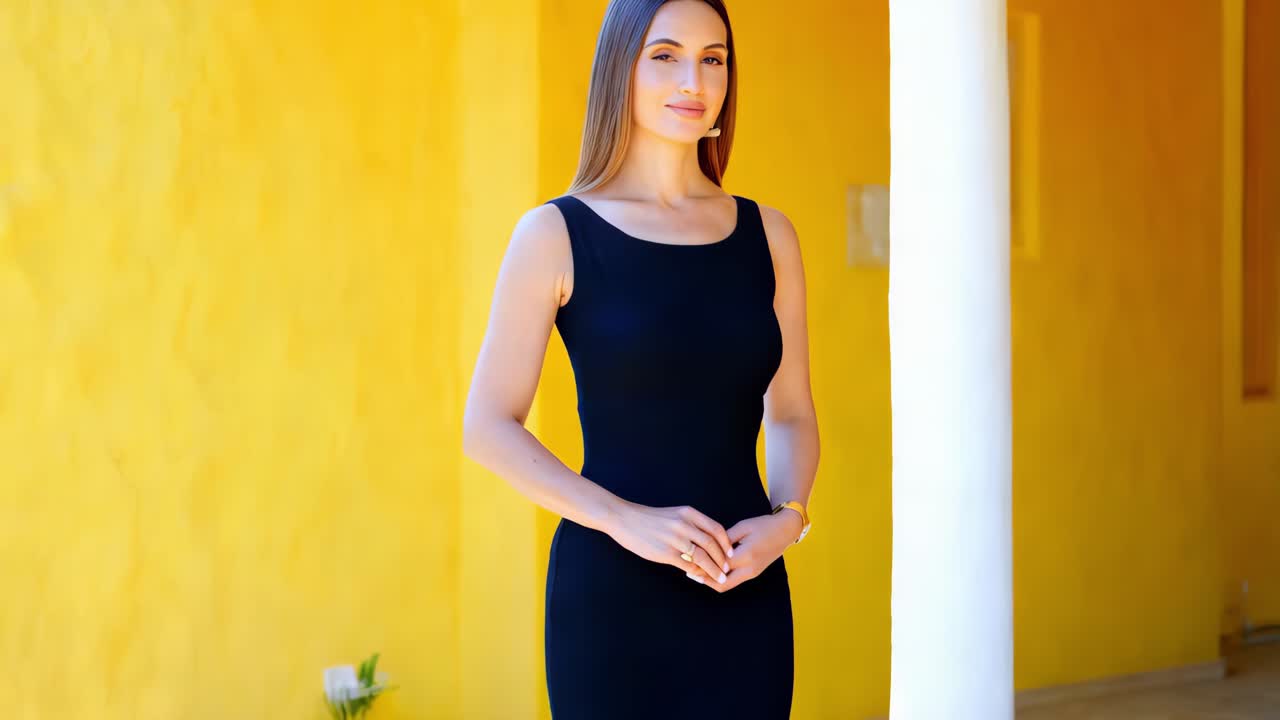 Donna in abito nero vicino a una parete gialla