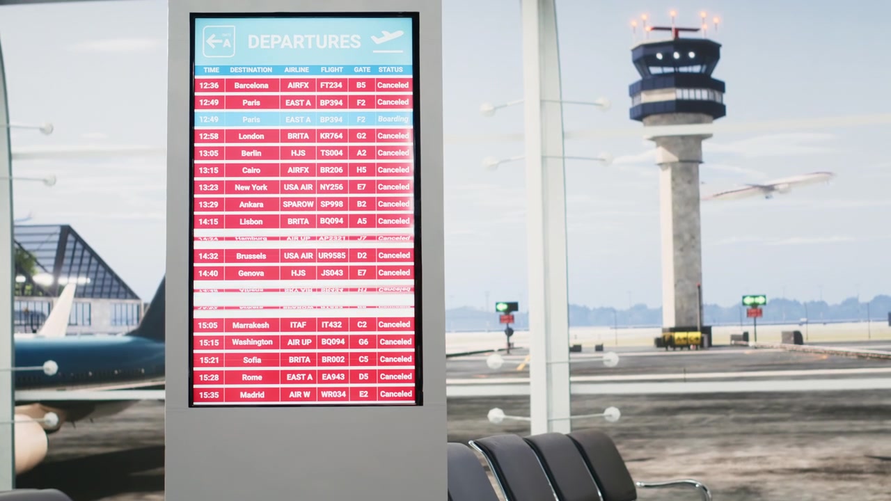 Flere aflyste flyafgange på informationsskærm, der understreger rejsekaos.