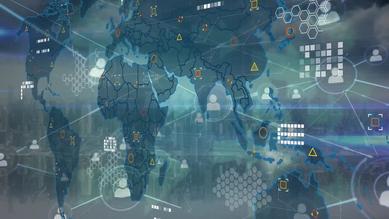 Animation of digital interface and graph with network of connections over cityscape