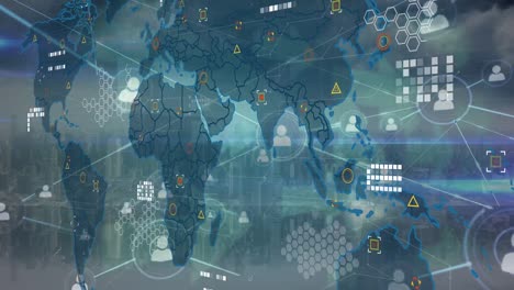 Animation-of-digital-interface-and-graph-with-network-of-connections-over-cityscape