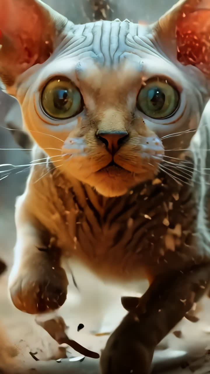 A cat is running through a pile of dirt. The cat is small and has a striped coat