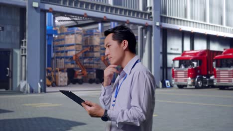 side view of an asian male professional worker, outside of logistics distributions warehouse, observes by looking up before he come to concentrating on the tablet and keep on checking