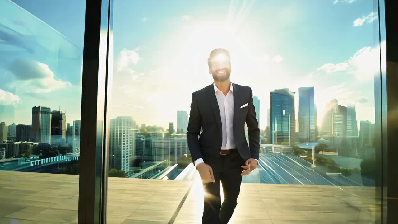 un hombre de negocios feliz celebrando el éxito en una oficina moderna.