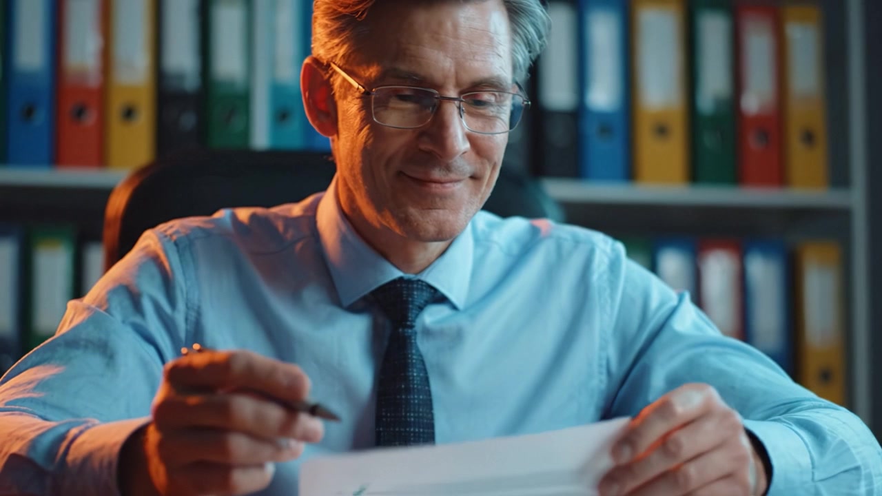A focused man in a blue shirt and glasses diligently reviewing documents while seated at a desk surrounded by colorful office folders in a well-lit room.