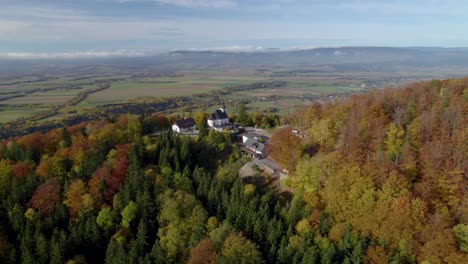 Aerial-orbit-over-the-Sanctuary-of-Mary-of-the-Snow-in-Sudety-Mountains,-Poland