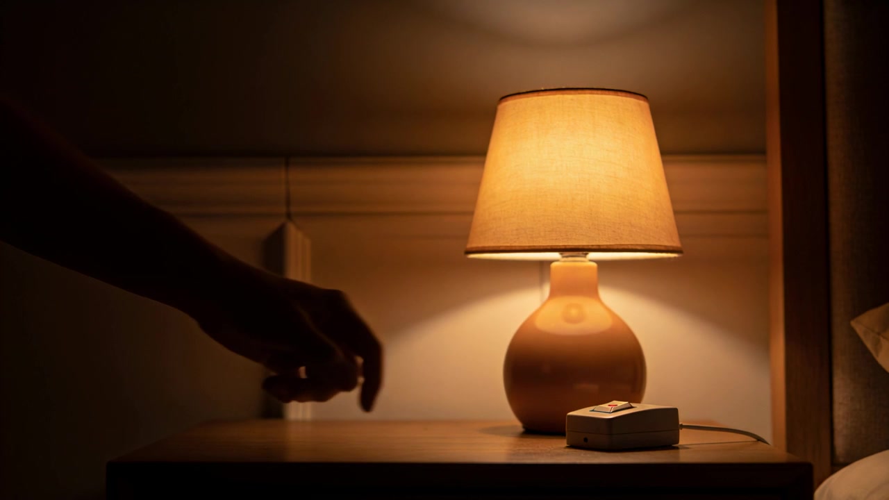 Antebrazo silueteado extendiéndose para presionar un pequeño interruptor junto a la cama, apagando la lámpara de mesa antes de dormir.