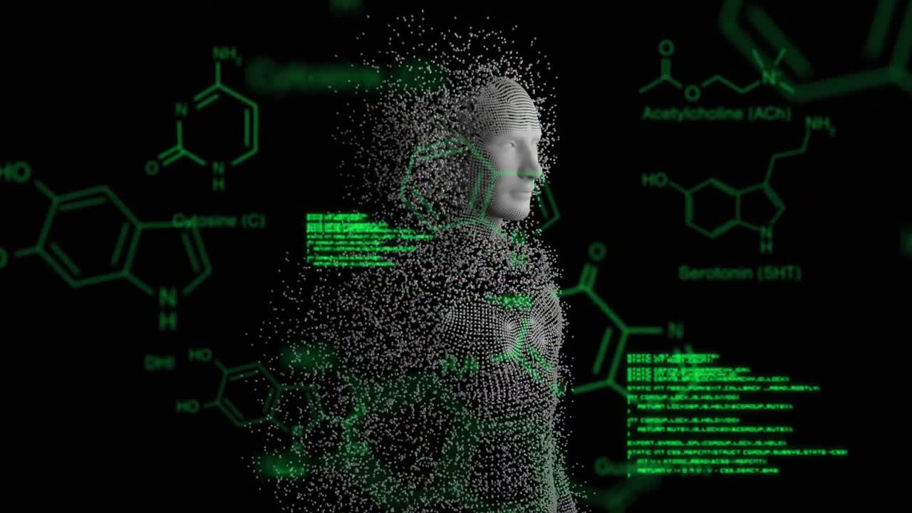 Animation of human model and scientific data processing on black background