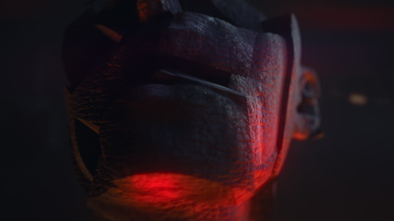 Crushed and burned android head on spike in hell