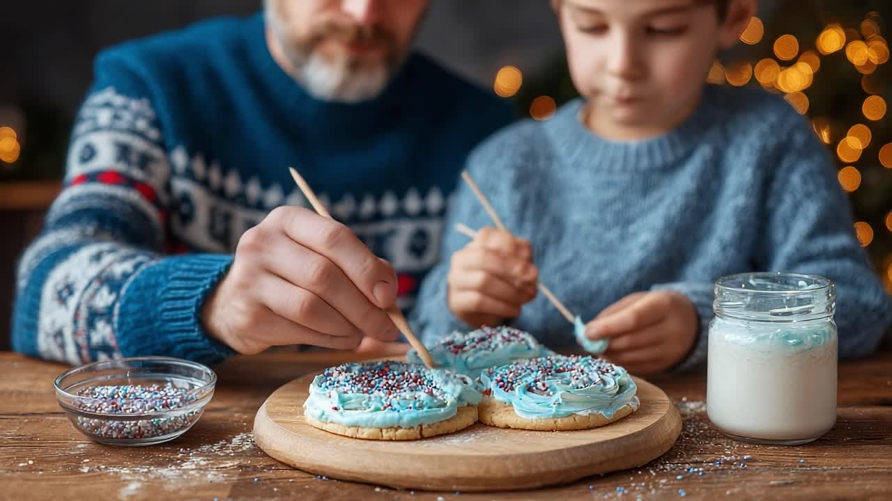 Joyful Father and Son Bonding Over Cookie Decorating: A Heartwarming Moment of Creativity and Togetherness During Festive Celebrations