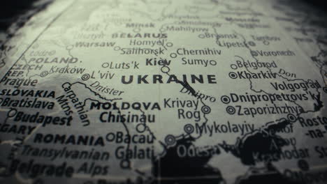 close-up of a world map focusing on ukraine