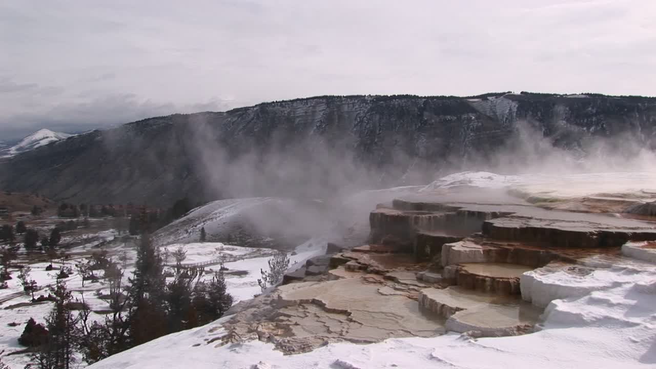 вид на известняковые террасы горячих источников зимой с живописными горами на заднем плане