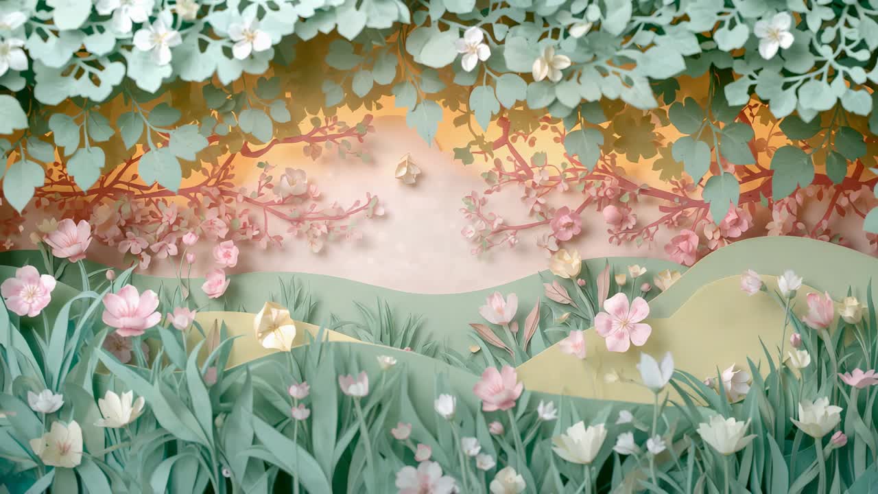 Playing papercut floral swaying, drifting in garden with golden butterflies for calm scene