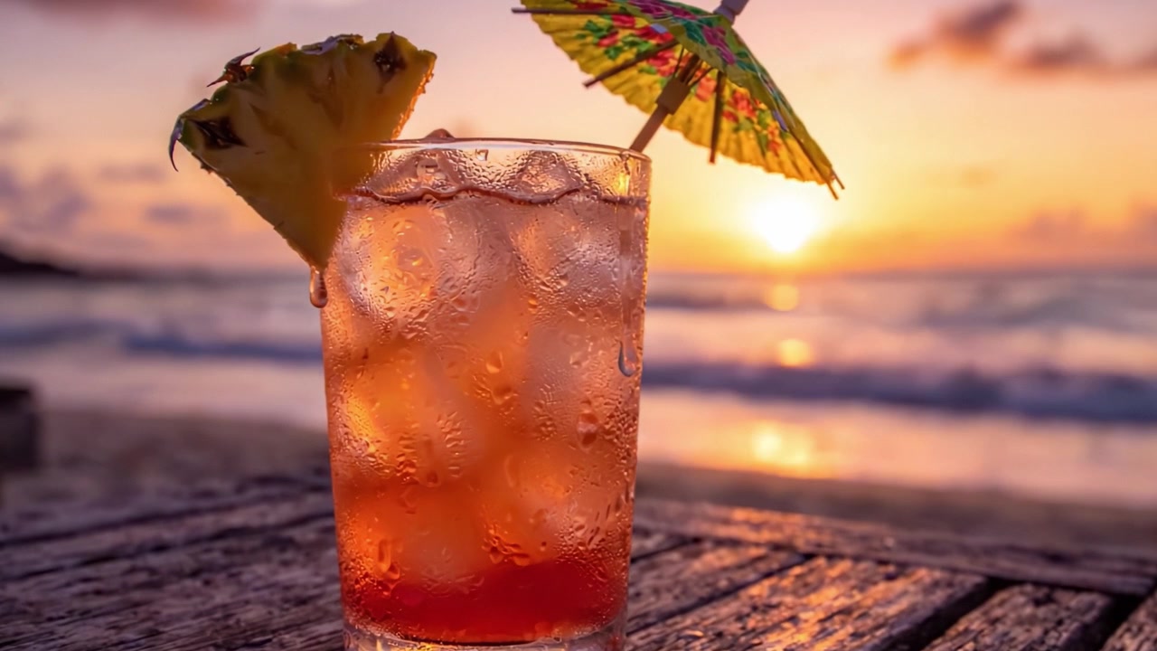 Un rinfrescante cocktail tropicale con ananas e ombrellino al tramonto, perfetto per rilassarsi in spiaggia e godersi bei momenti in riva all'oceano