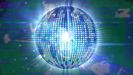 animation of rotating mirror ball over green and blue background