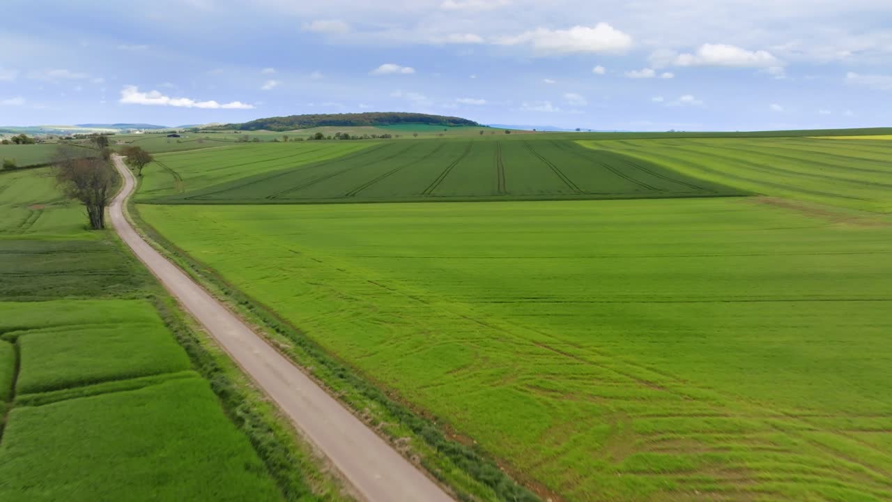 Aerial view of road and fields, French landscape, North of France