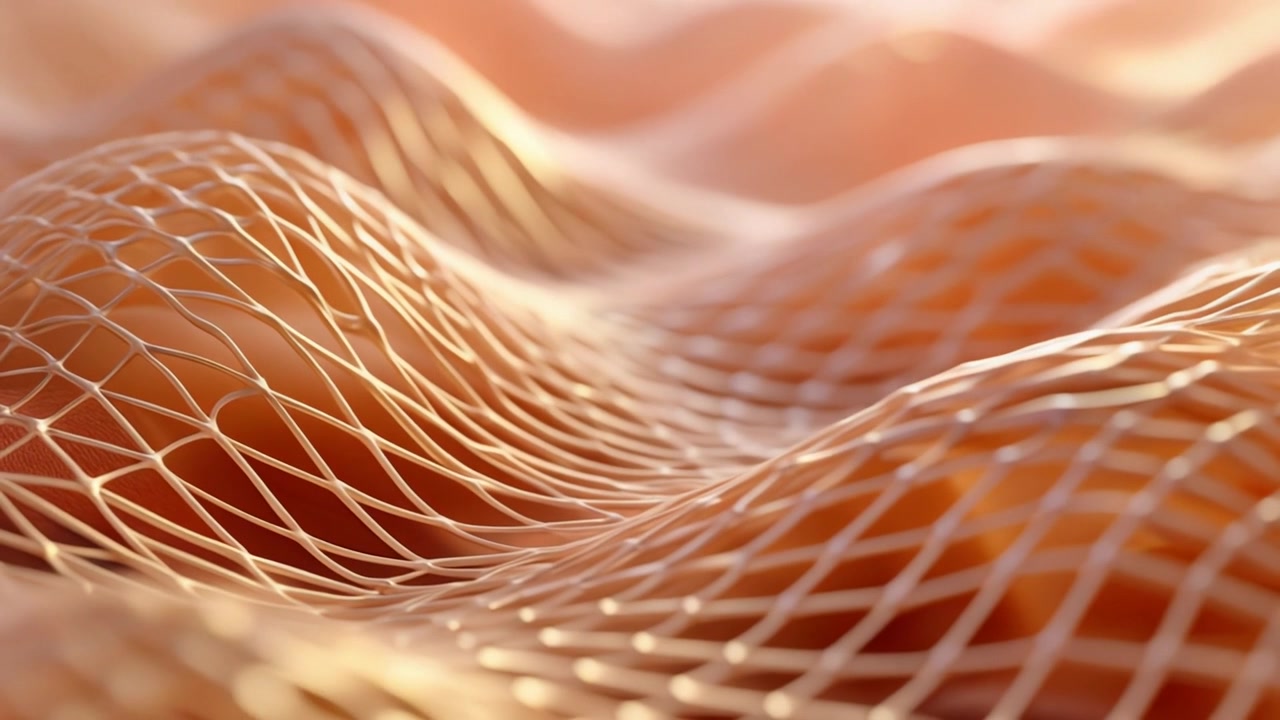 Animazione 3D astratta di una superficie a maglie dorate ondulata