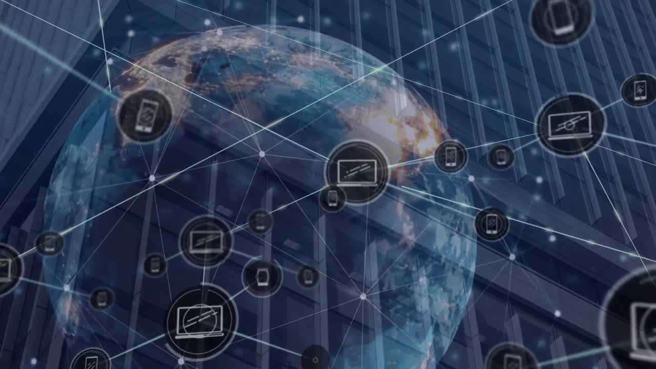 Animation of connected icons and red dots over dots around globe against building in background