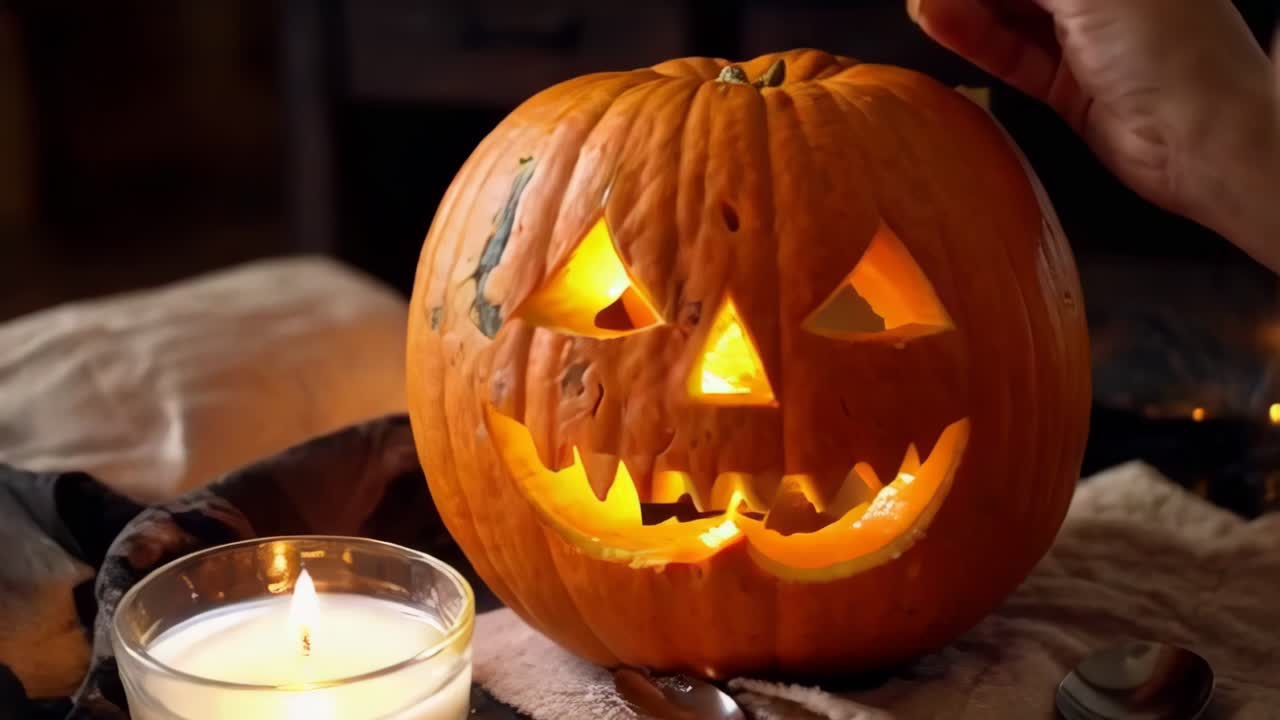 A pumpkin with a carved face sits on a table next to a candle, Halloween decoration