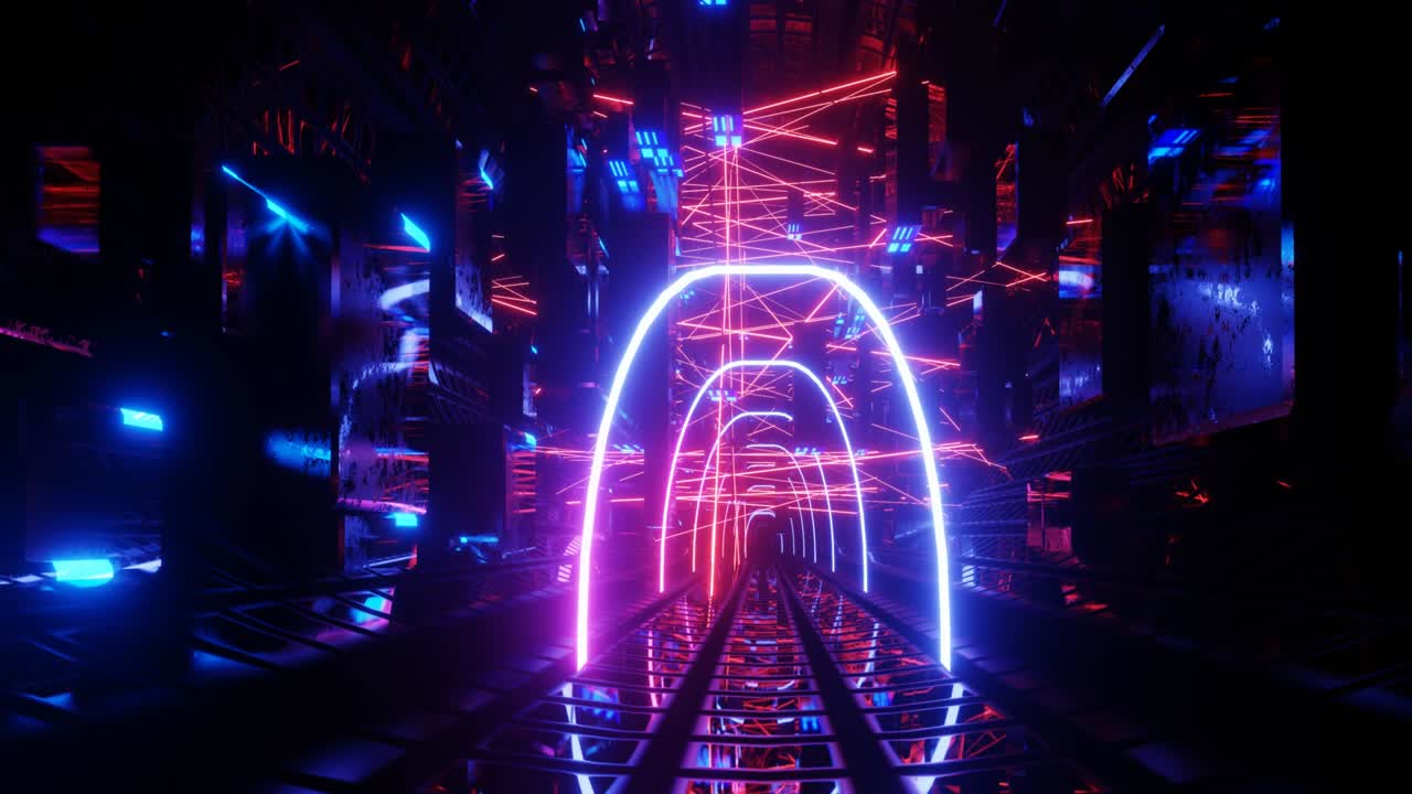 túnel de ciencia ficción de neón de alta tecnología. líneas de brillo de neón a la moda forman patrón y construcción en túnel de espejo. hermoso túnel de neón. volar a través del ciberespacio tecnológico. 3d en bucle sin costuras 4k brillante bg. marcos