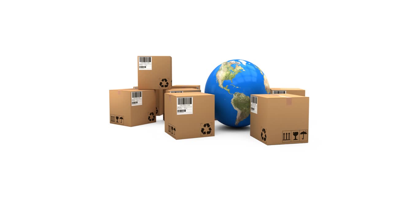 Animation of globe and multiple cardboard boxes moving on white background