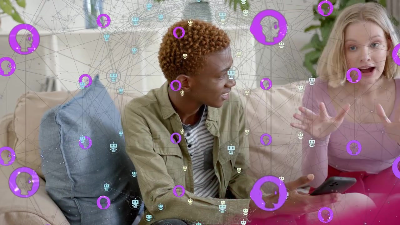 Teen boy holding phone and teen girl reacting on couch, phone content creating purple tech overlay
