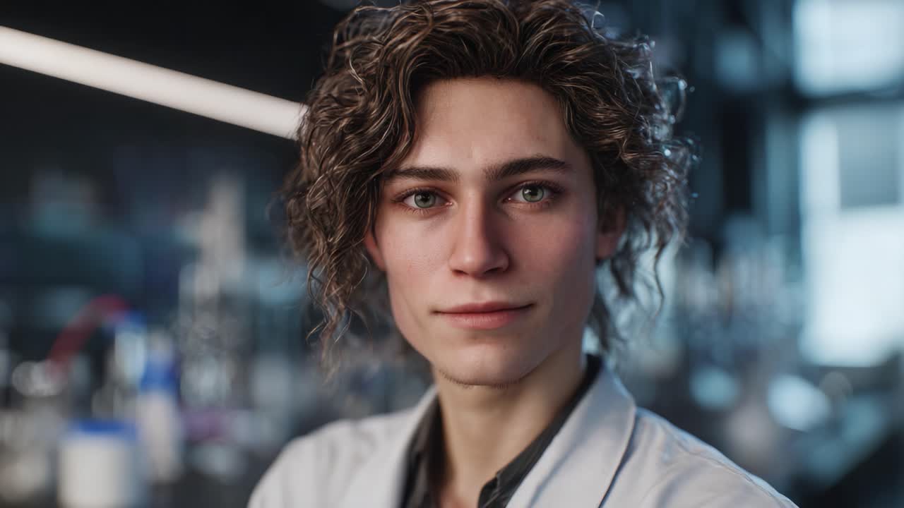 Un joven con pelo rizado y fondo de laboratorio, que muestra curiosidad científica e implicación a través de emociones expresivas y un comportamiento amigable