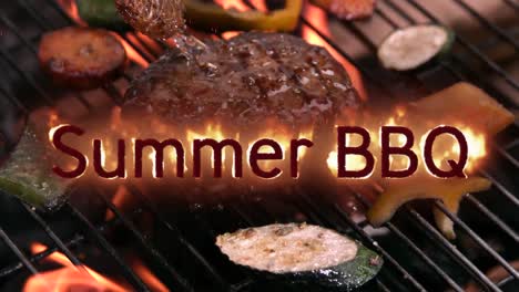 Sommergrill-In-Flammen-Mit-Gegrilltem-Essen-Im-Hintergrund