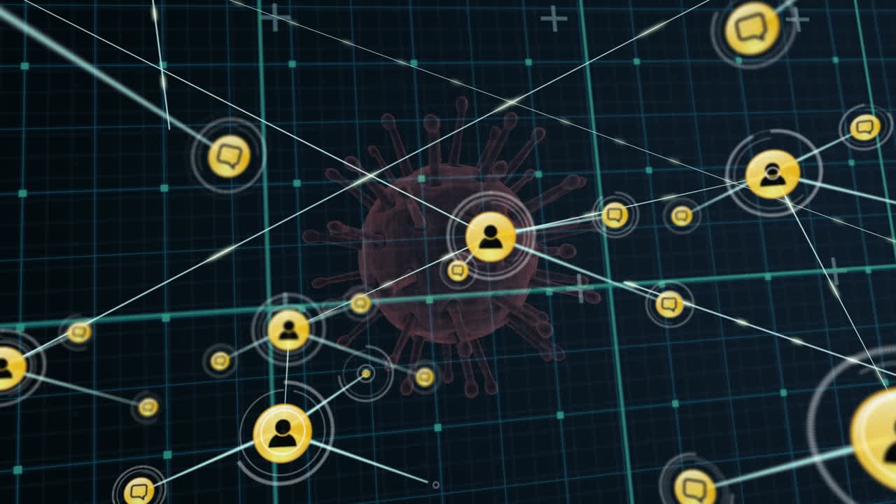 red de iconos de perfil sobre la red de red contra la célula covid-19 girando sobre un fondo azul