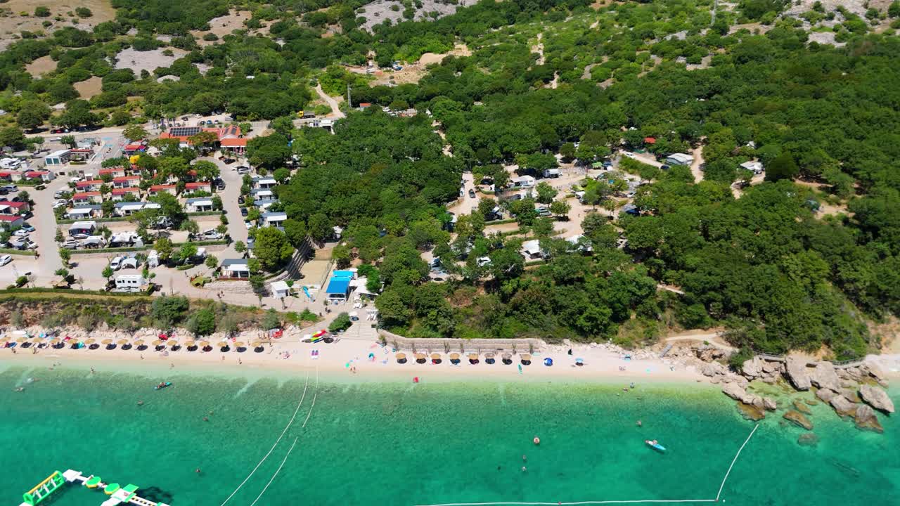 Campsite at Campig Skrila, Krk Island, Stara Baska Croatia, Aerial View of the Mountains and Coast With Boats, Beaches and Adriatic Sea. The Seaside Rv Campmobiles on a Summer Beautiful Coastline