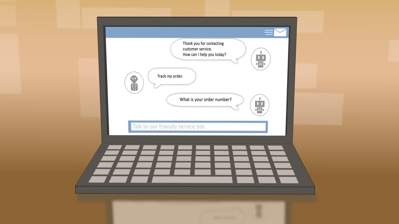 animación de portátil con chat en línea sobre formas en fondo marrón