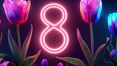 international women's day celebration with neon number 8 and colorful tulips