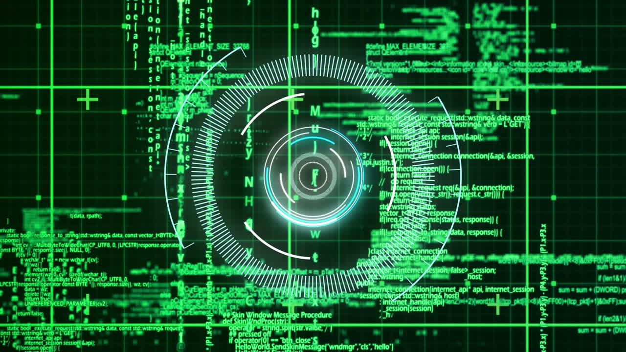 animación de círculos sobre patrón de cuadrícula contra el lenguaje de programación de computadora en fondo negro
