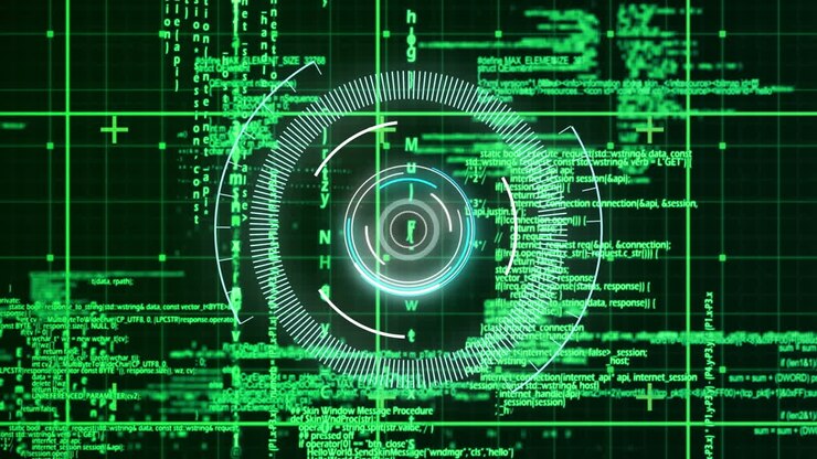Animation af cirkler over gittermønster mod computerprogrammeringssprog på sort baggrund