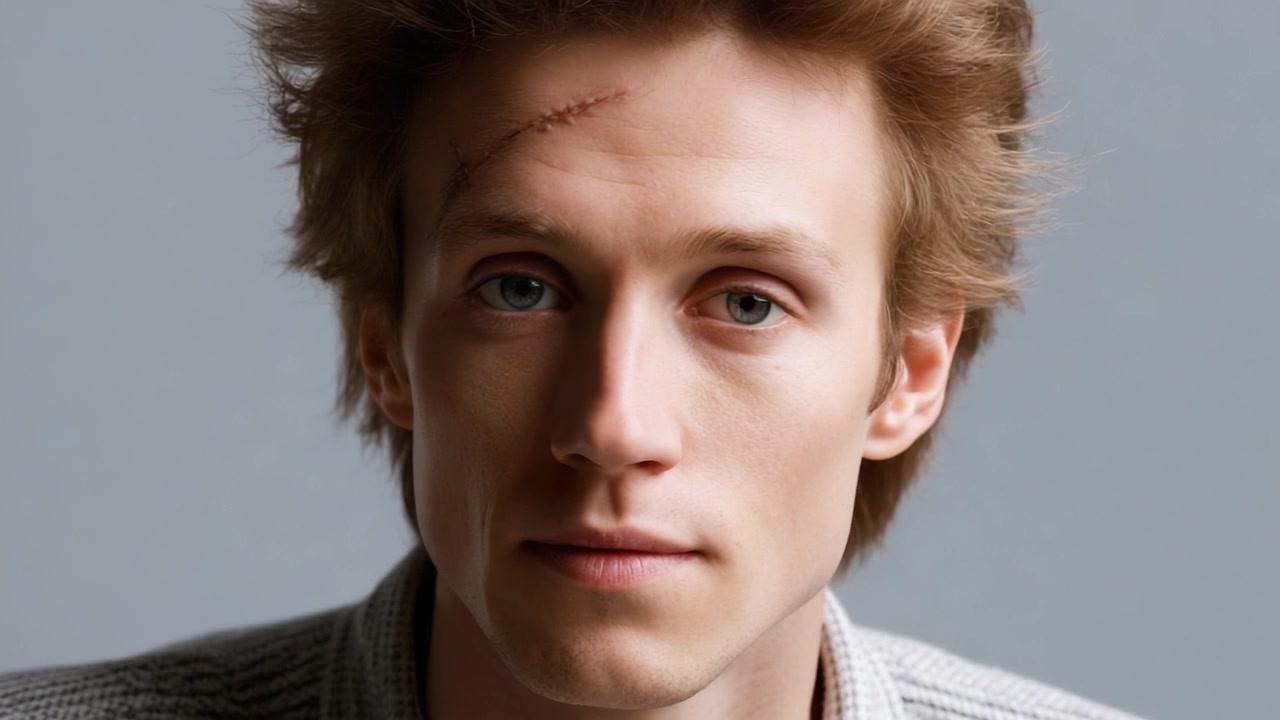 A contemplative portrait of a young man with a prominent facial scar, highlighting themes of resilience and introspection in the exploration of personal identity and experience.