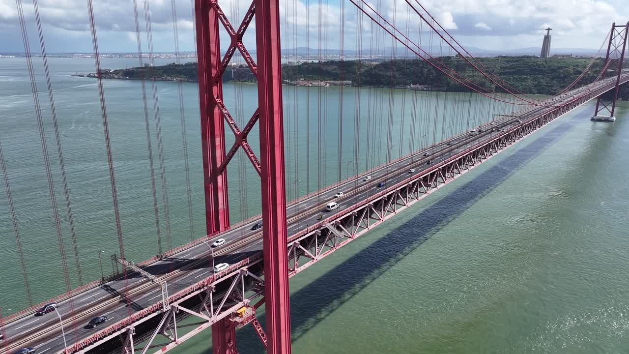 25Th Of April Bridge At Lisbon In Lisbon District Portugal. Stunning Downtown Cityscape. Cable Bridge Scene. 25Th Of April Bridge At Lisbon In Lisbon District Portugal. Cable Bridge Scenery