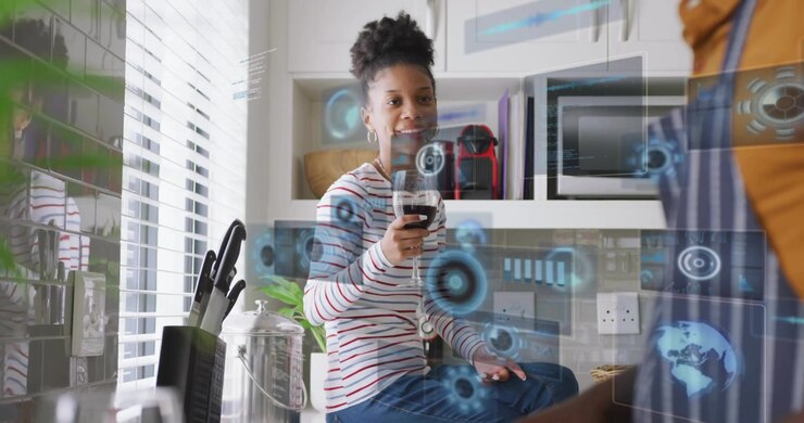 woman sipping wine and monitoring man cooking while AR data panels appearing, swirling around her