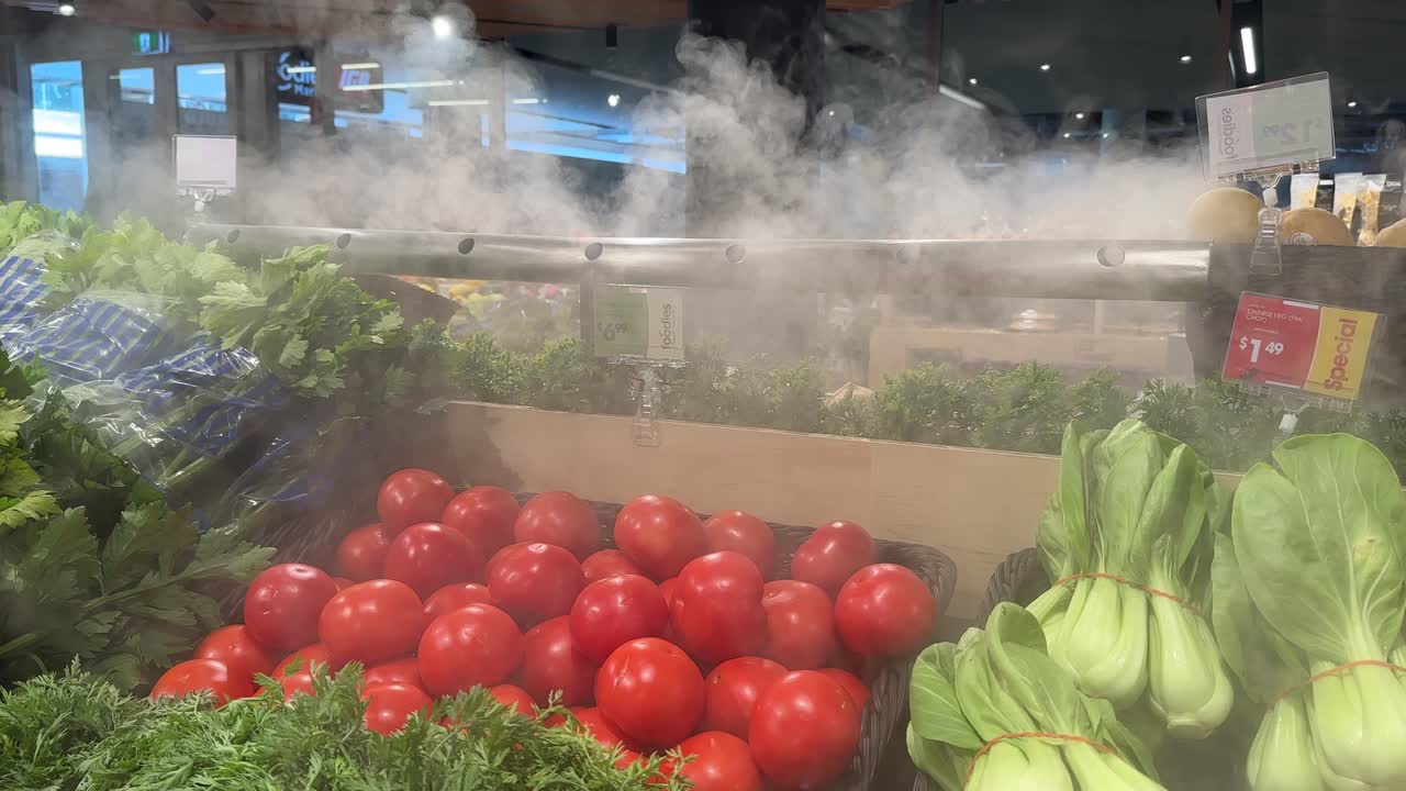 Fresh healthy vegetables- bok choy and tomatoes in the grocery store with cool mist blowing