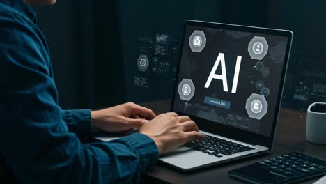 exploring cutting-edge applications of artificial intelligence with a focus on innovative solutions displayed on a laptop interface in a darkened room