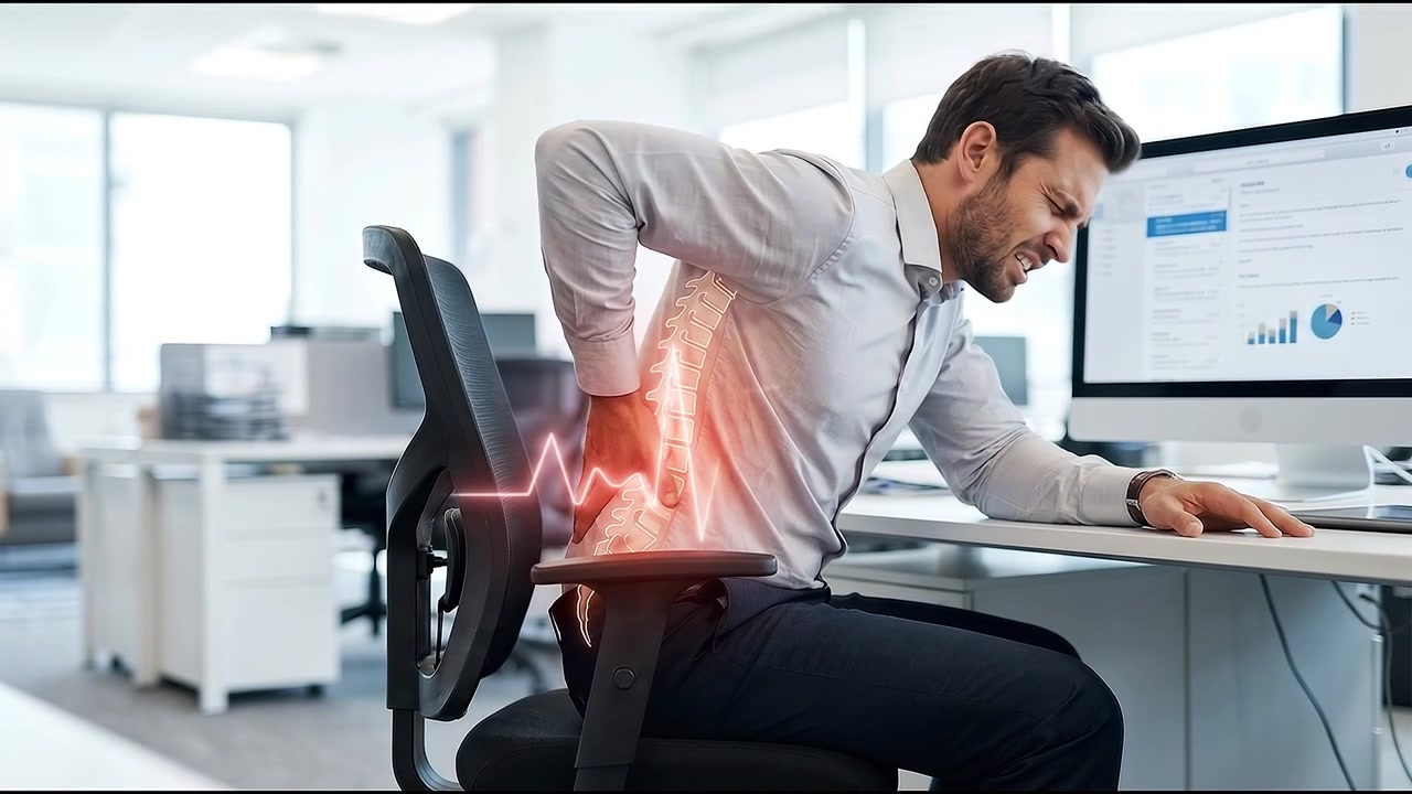 Businessman Suffering From Back Pain While Working at Office Desk