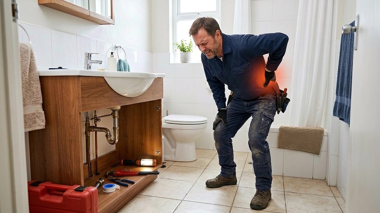 Tradesman clutching lower back while standing beside bathroom fixtures