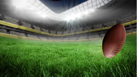 animation of rugby balls bouncing on grass over sports stadium