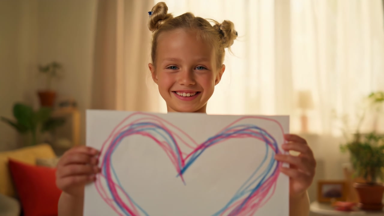 Caucasian Girl Holding Heart Drawing Smiling, Cozy Home Setting With Sunlit Window, Colorful Crayon Heart