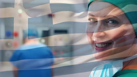 Animation-of-flag-of-greece-over-caucasian-female-doctor-smiling