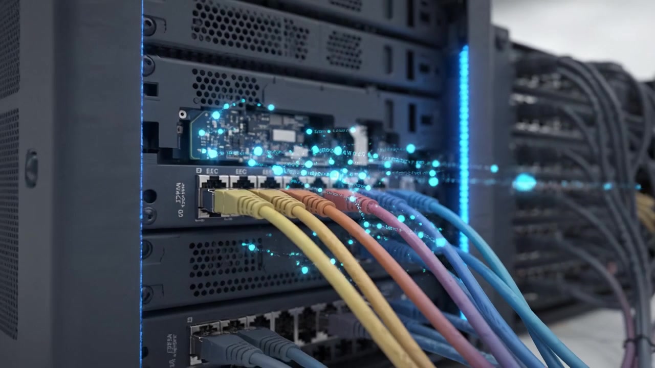 Technology in Action: A Close-Up Examination of Network Equipment Featuring Colorful Cables Connecting to a High-Performance Server for Data Management Solutions