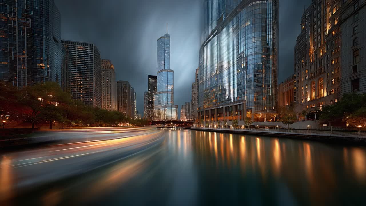 A Captivating Journey Through the Cityscape: Evening Reflections on the River as the Skyline Transitions from Dusk to Night, Illuminating Modern Architecture and Waterway Wonders
