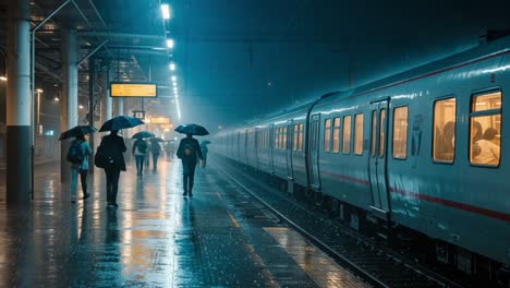rainy night at a train station with people under umbrellas