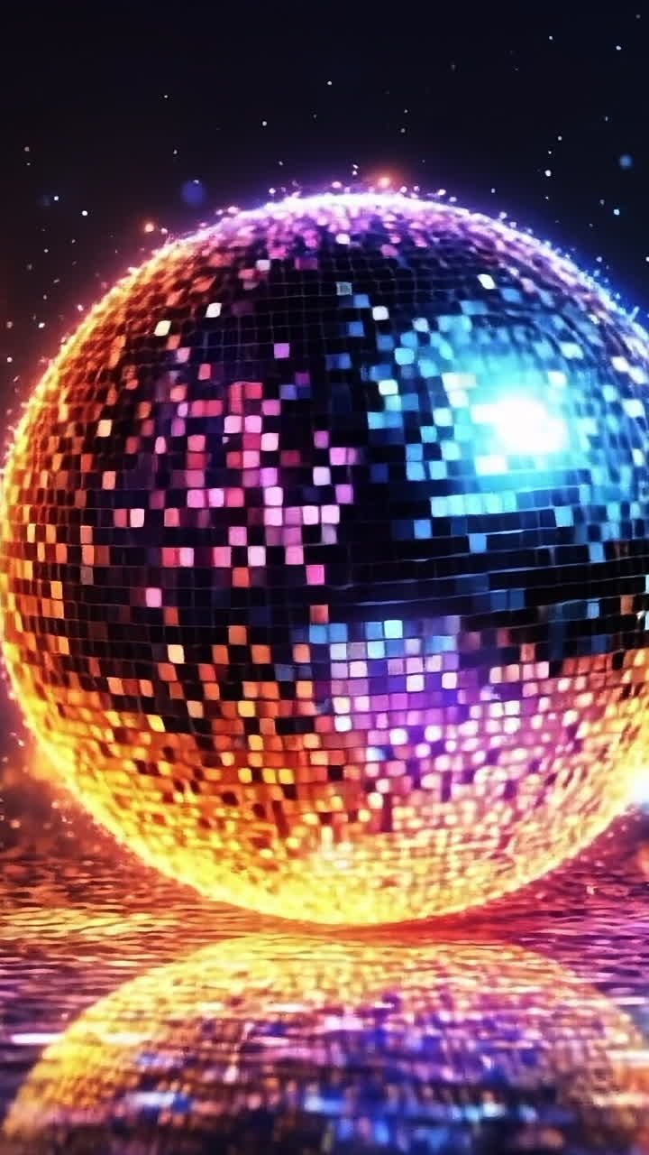 Disco ball shining colors at night. Bright disco ball shines with vibrant reflections and musical notes floating around, creating an energetic atmosphere.
