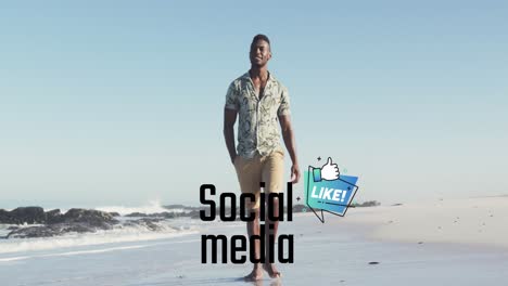 animation of social media over happy african american man walking on beach